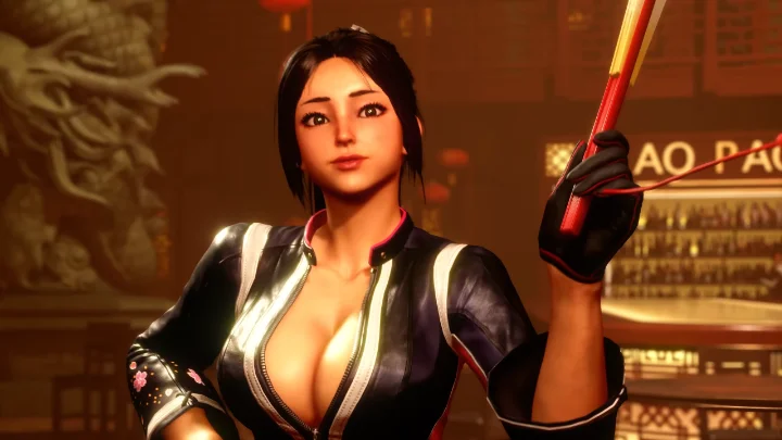 A shot from Mai in world tour. Her chest is on the verge of escaping from a jacket that is entirely unzipped except for a tiny amount right at the bottom.