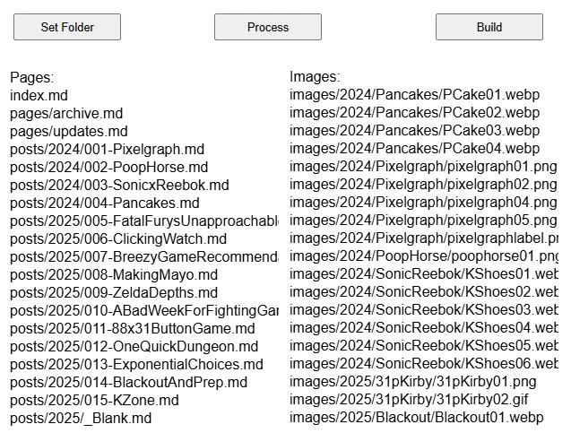 A screenshot of KZone in it's current form. It's extremely basic, displaying three buttons at the top labeled Set Folder, Process, and Build. Underneath is two columns displaying all the text and media files.