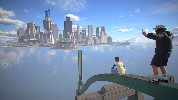 My character sitting on a part of a broken bridge, looking at the city the game takes place in.