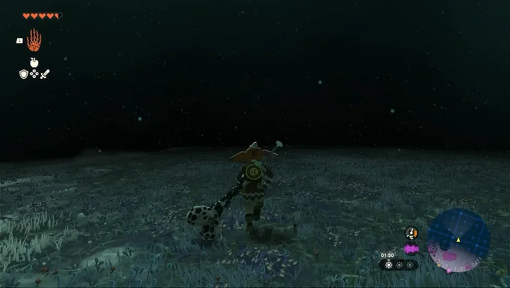 A picture showing Link surrounded by the darkness of the depths. All you can see is a small circular area around Link.