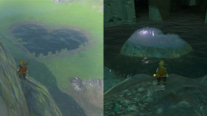 A picture showing a heart shaped pond in the overworld, and in the depths. The overworld version is a pond shaped like a heart, while the depths version is an island in the center of a pond shaped like a heart.