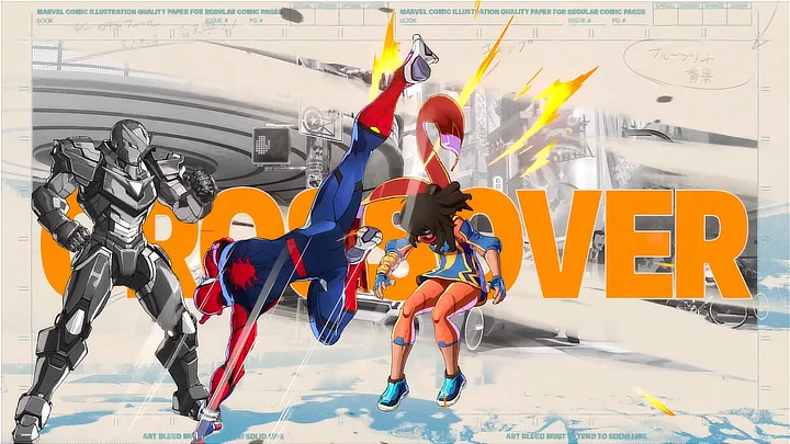 Marvel Tokon Fighting Spirit screenshot, Spider-Man kicking Ms Marvel into the air while the word CROSSOVER appears behind them.