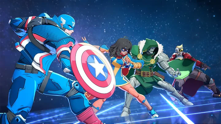 Marvel Tokon Fighting Spirit screenshot, showing Captain America, Ms Marvel, Doctor Doom and Star Lord standing side by side facing towards the right.