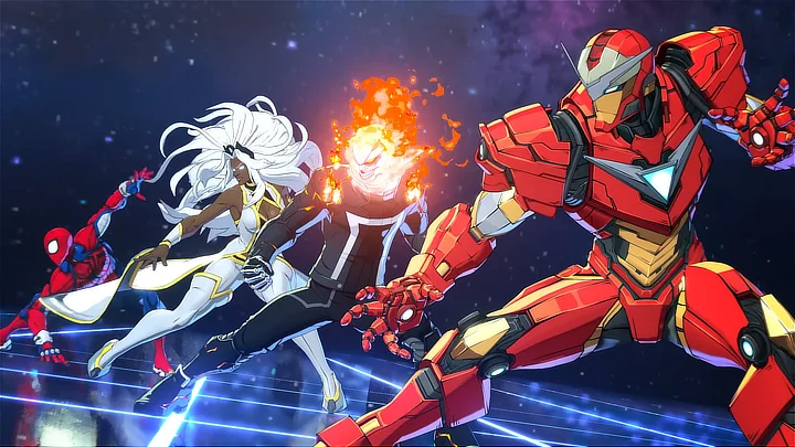 Marvel Tokon Fighting Spirit screenshot, showing Iron Man, Ghost Rider, Storm and Spider-Man standing side by side facing towards the left.