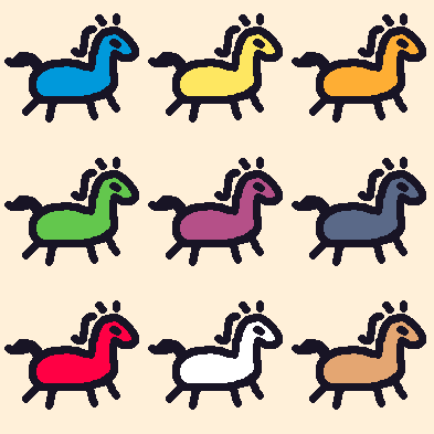 Various horse colours, never to be seen.